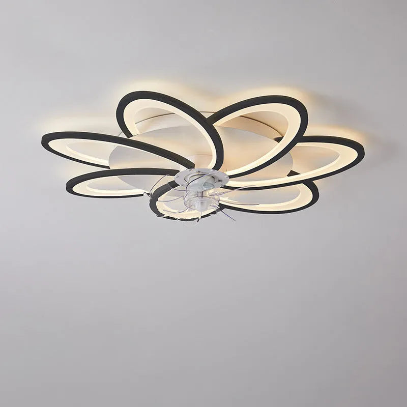 Modern white ceiling fan light with six-blade design and integrated light fitting on a room ceiling.