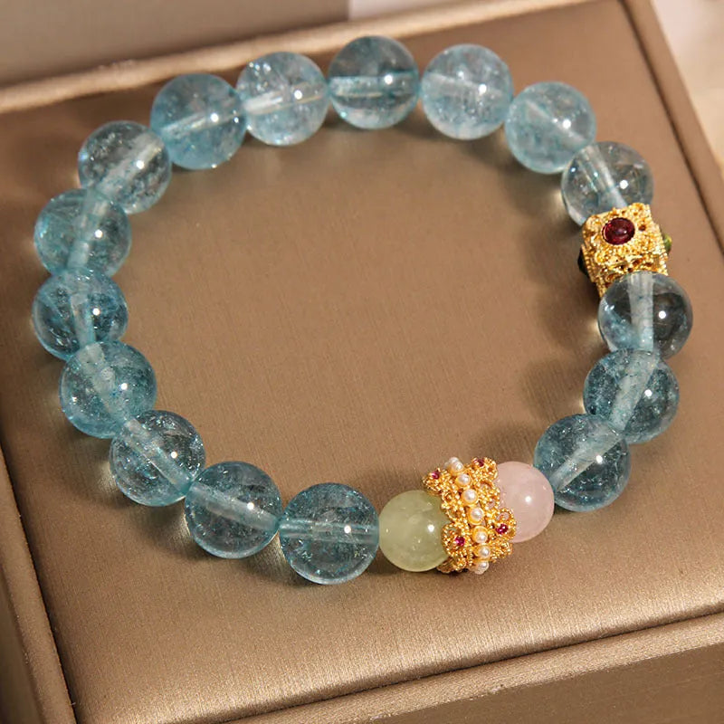 Blue Chinese style crystal bracelet with cube sugar colourful crystals and flexible diamond ring design for women