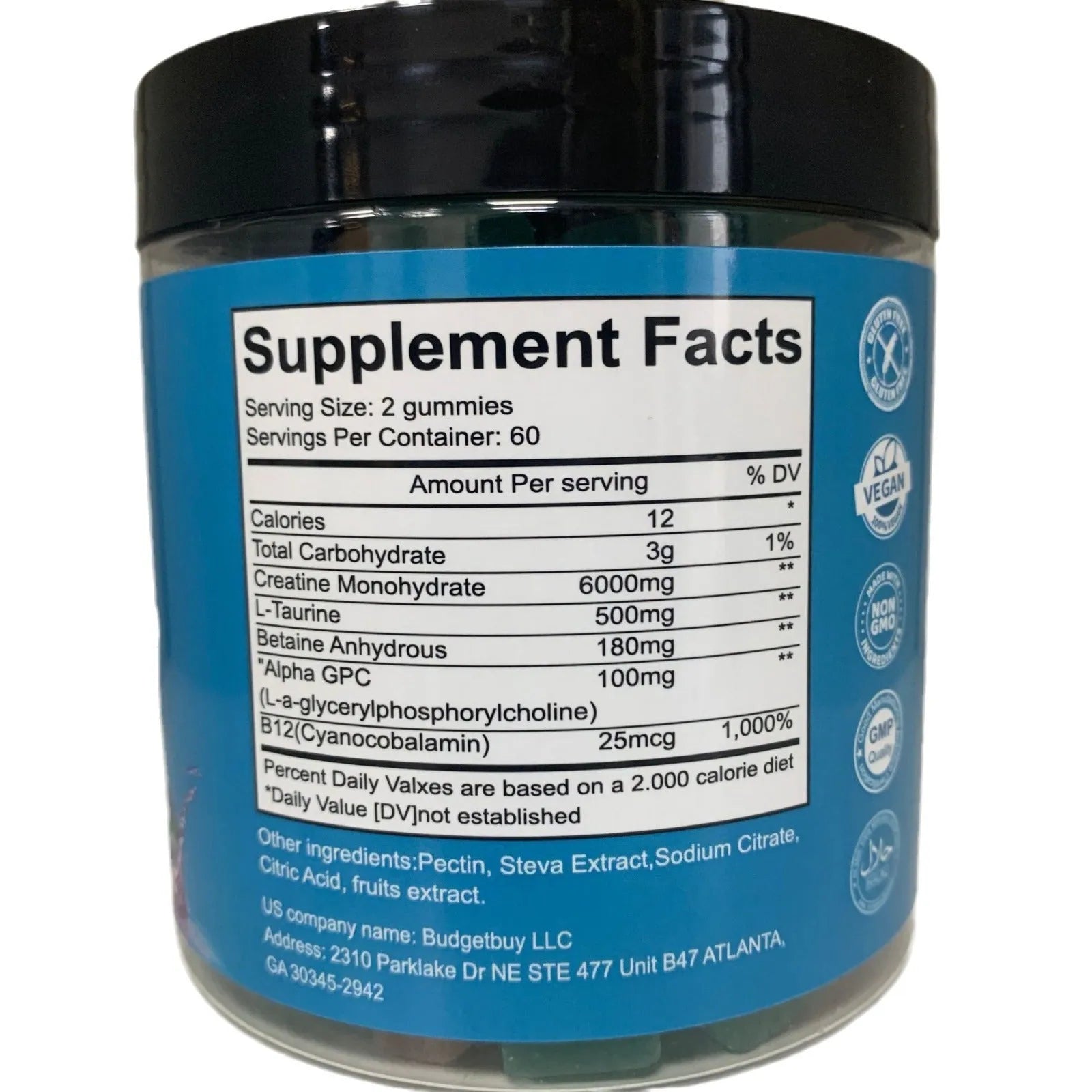 Bottle of raspberry flavoured creatine monohydrate gummy supplements containing 120 pills