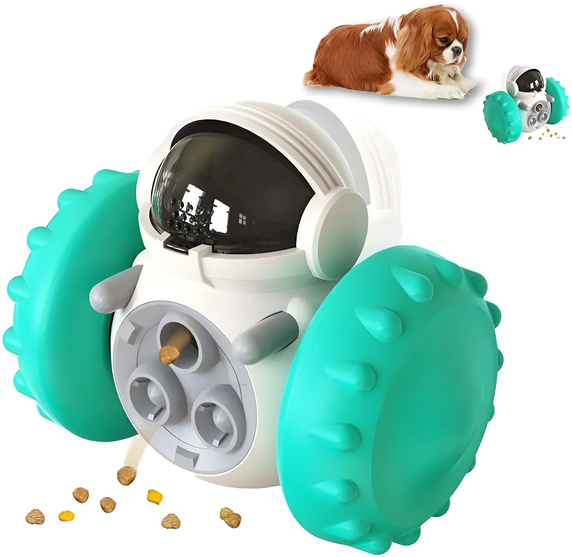 Self-balancing dog treat dispenser toy for small pets in robot design with roller system