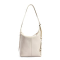 Soft genuine cowhide women's bucket shoulder bag in elephant grey, shown from the side.