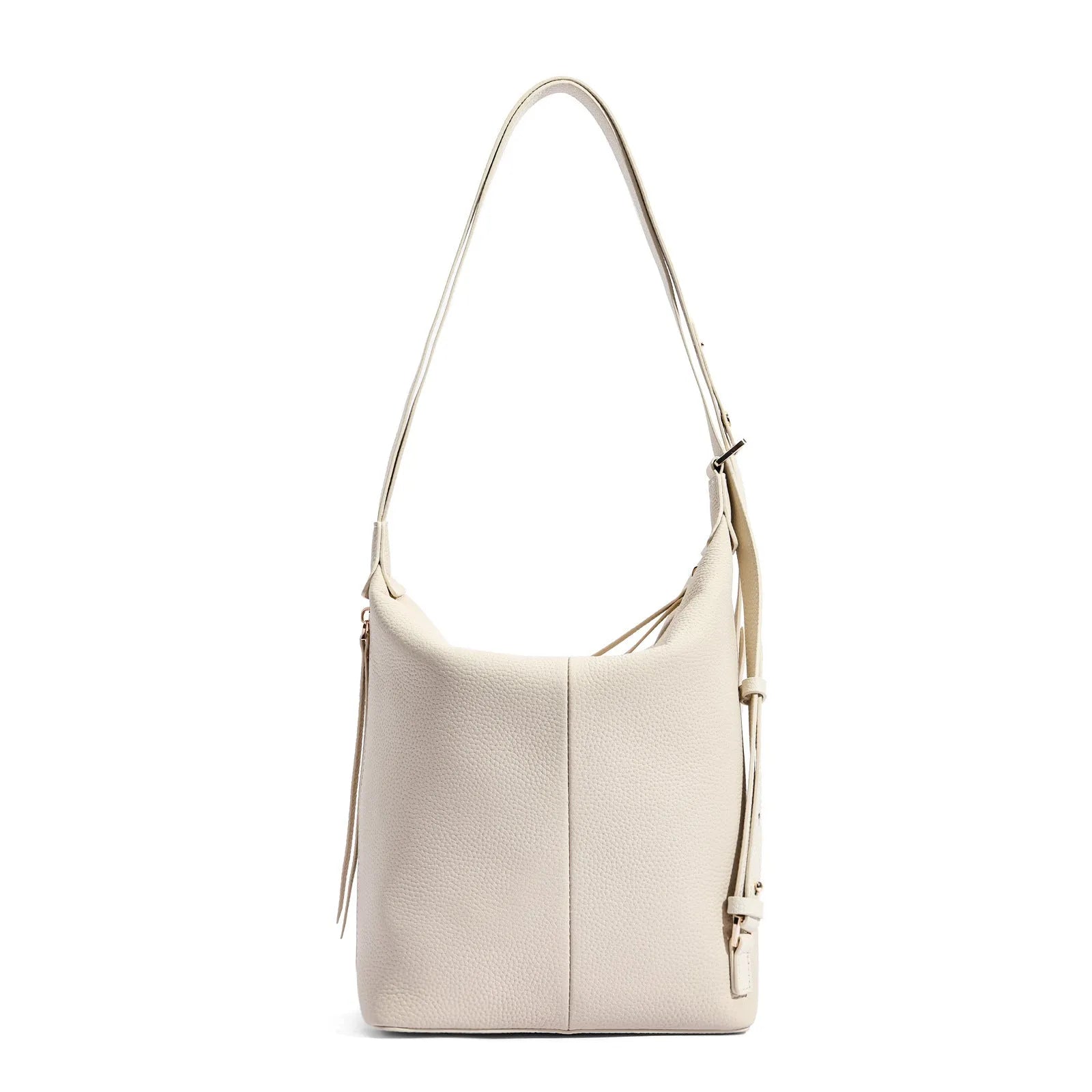 Soft genuine cowhide women's bucket shoulder bag in elephant grey, shown from the side.