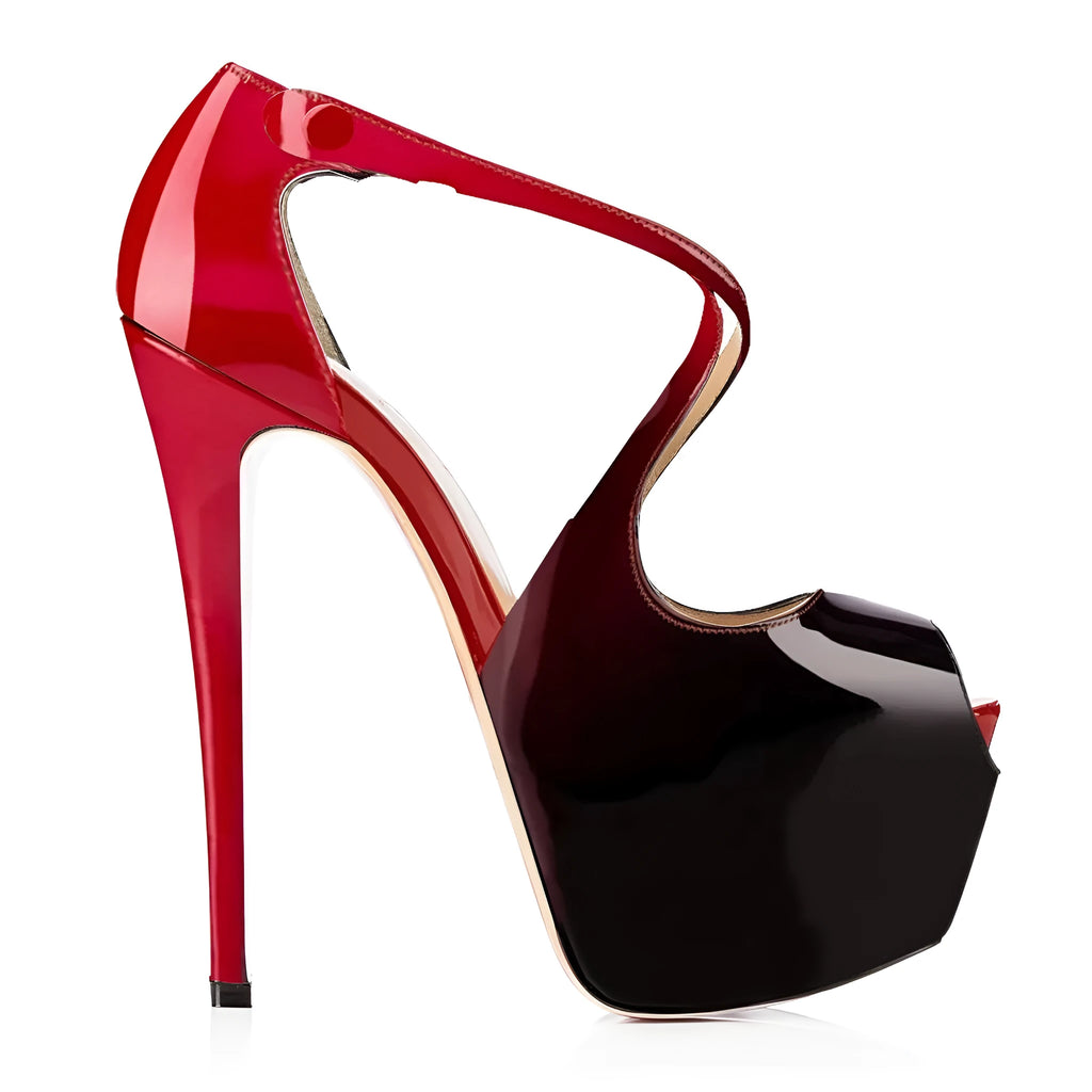 Black and red women's peep toe high heel shoes with cross strap design and high heel.