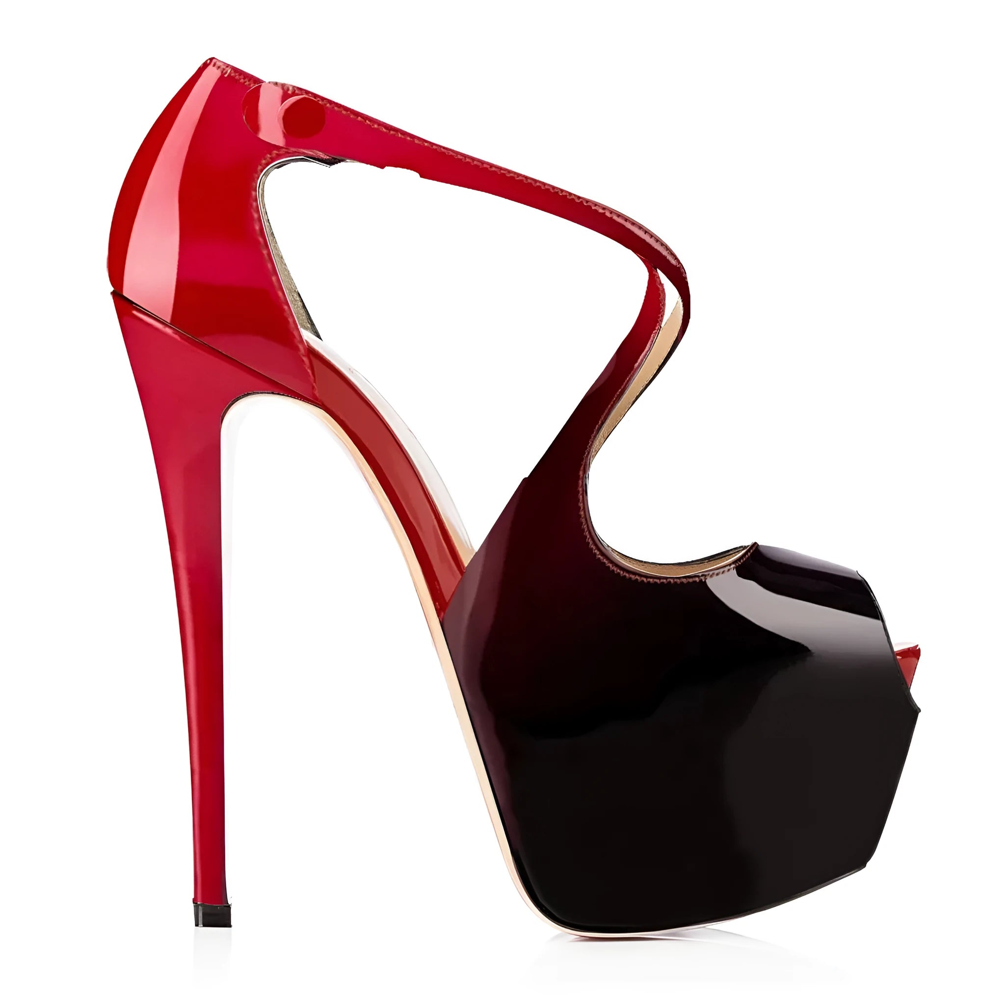 Black and red women's peep toe high heel shoes with cross strap design and high heel.