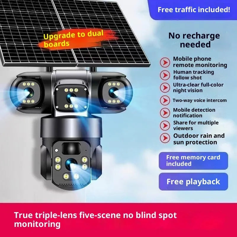 Solar surveillance camera with full colour night vision, ABS housing, 355-degree rotation