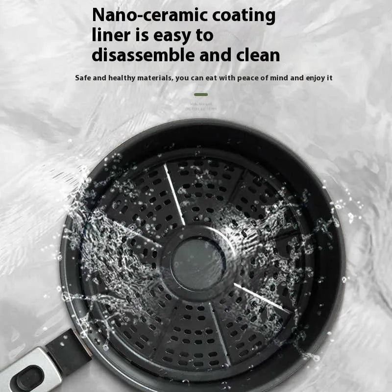 Large 8-litre capacity air fryer oven with mechanical dial controls and a removable nano-ceramic coated cooking pot