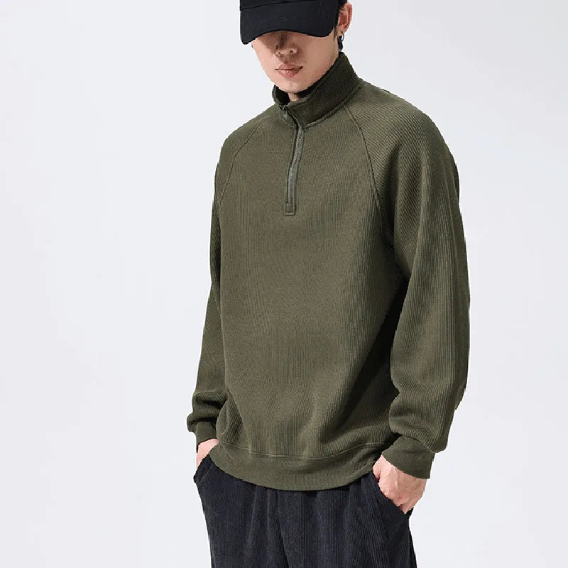 Men's stand-collar fleece sweatshirt in army green with long sleeves, front view