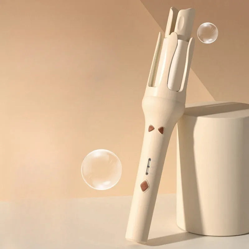 White and pink automatic hair curler with a rotating 32mm ceramic barrel and international plug adapters.