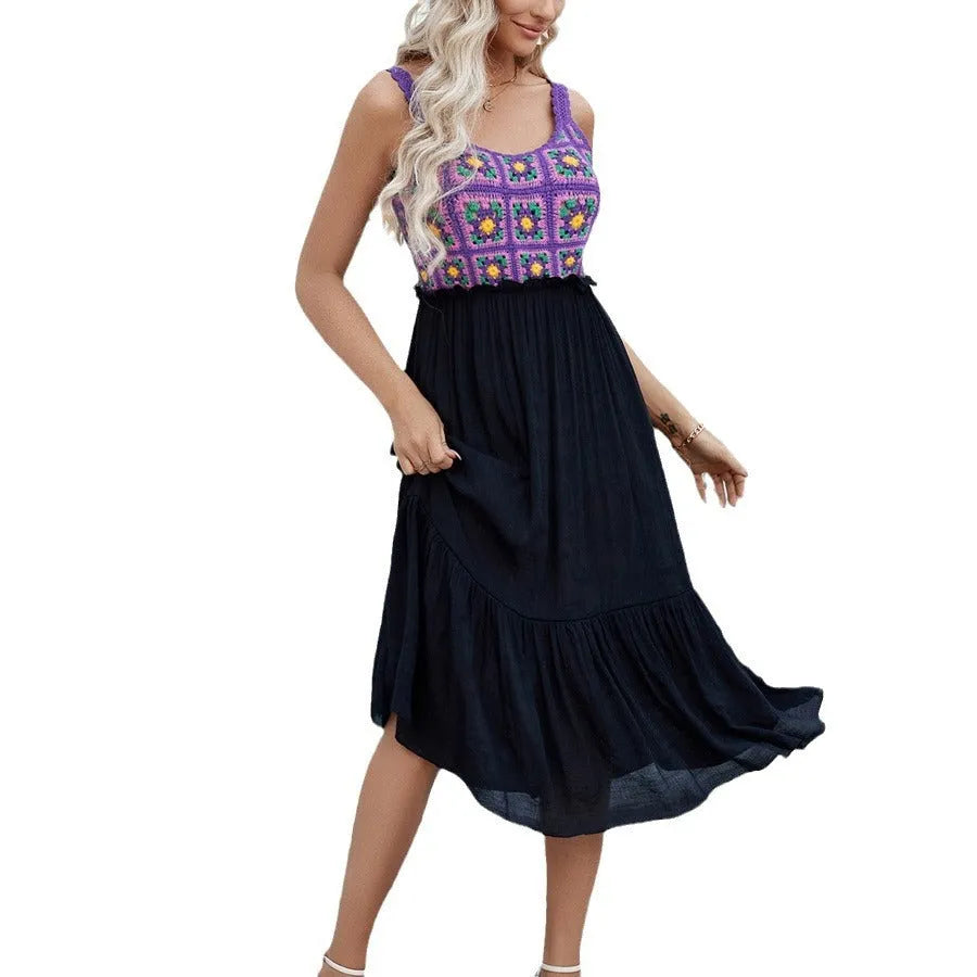 Purple women's sleeveless dress with hand-hooked floral stitching on cotton blend fabric.