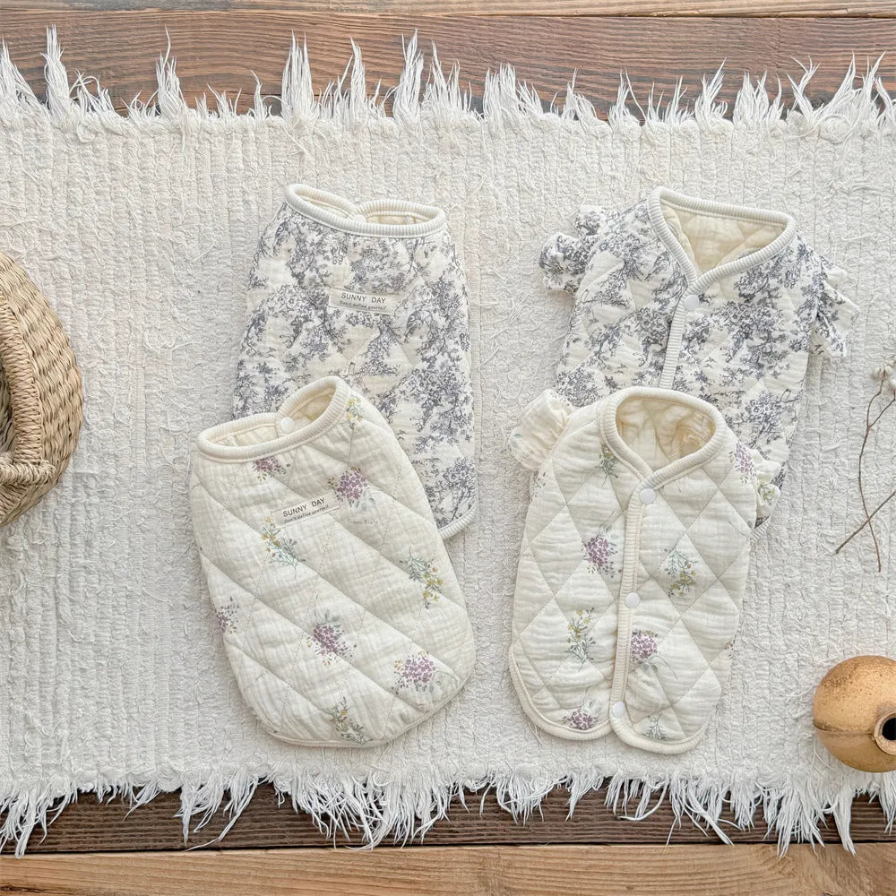 Cotton-padded pet clothes in Chinese ink style or lavender colour with vest or flounced sleeve designs