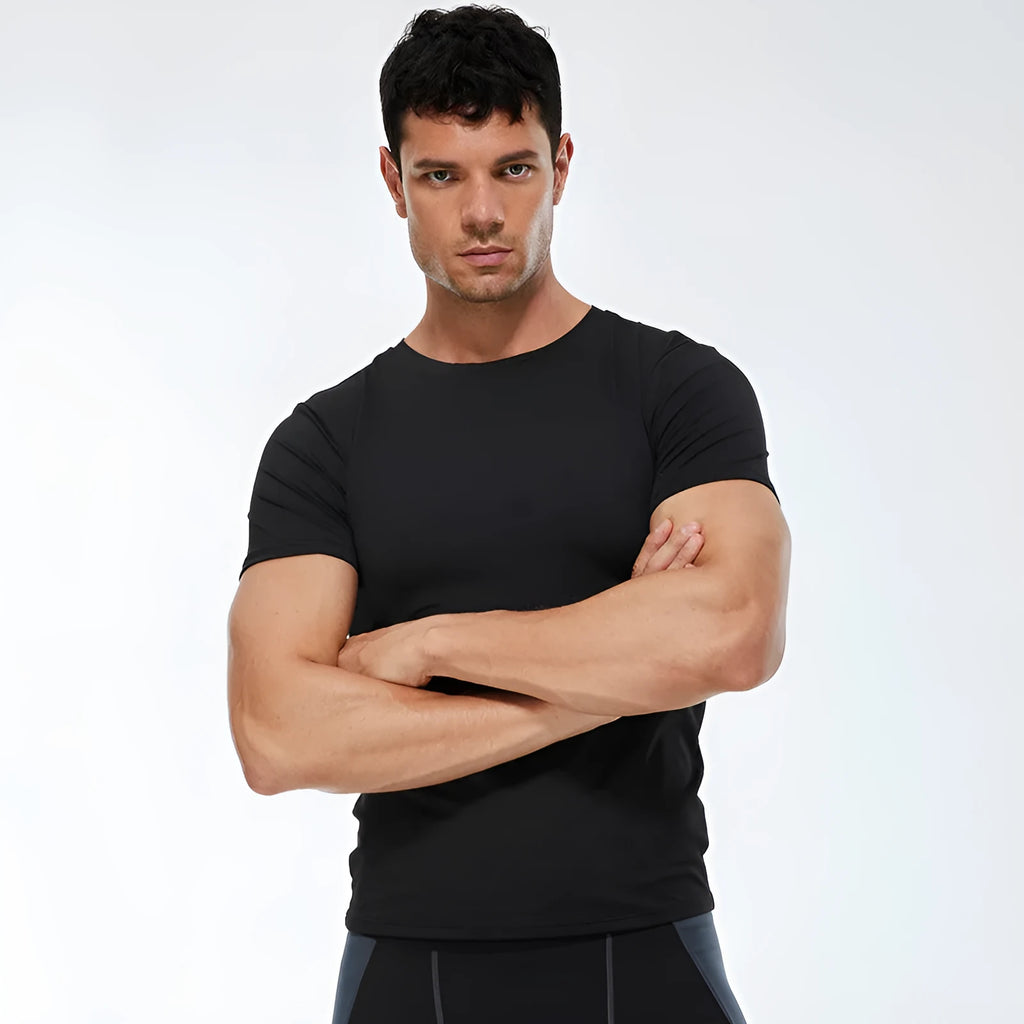 Men's stretch quick-dry short-sleeved fitness shirt in polyester available in multiple colours
