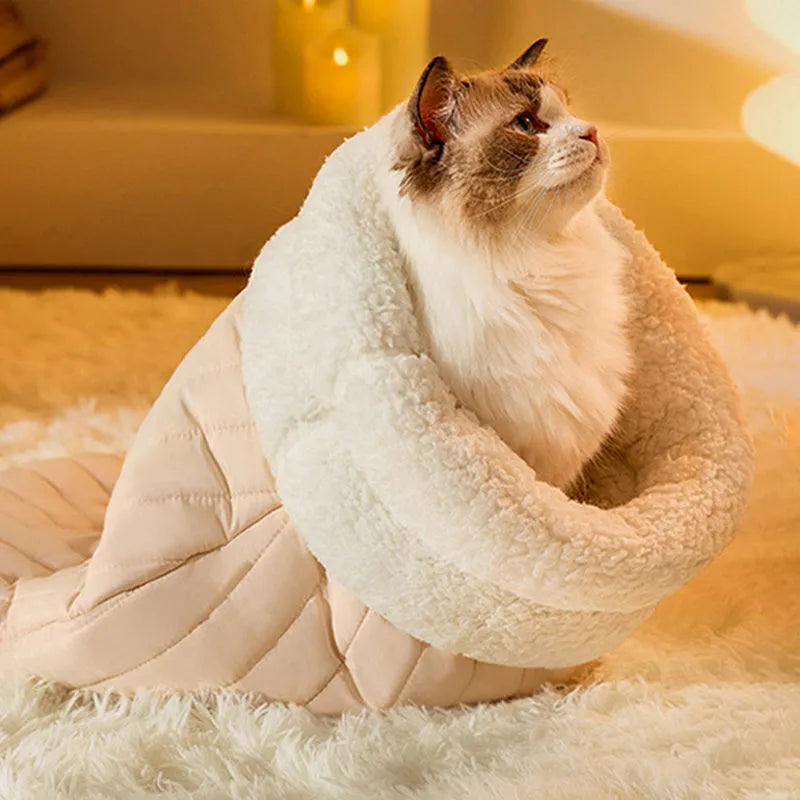 Cat sleeping bag nest with fleece fabric exterior and bear pattern in light brown colour