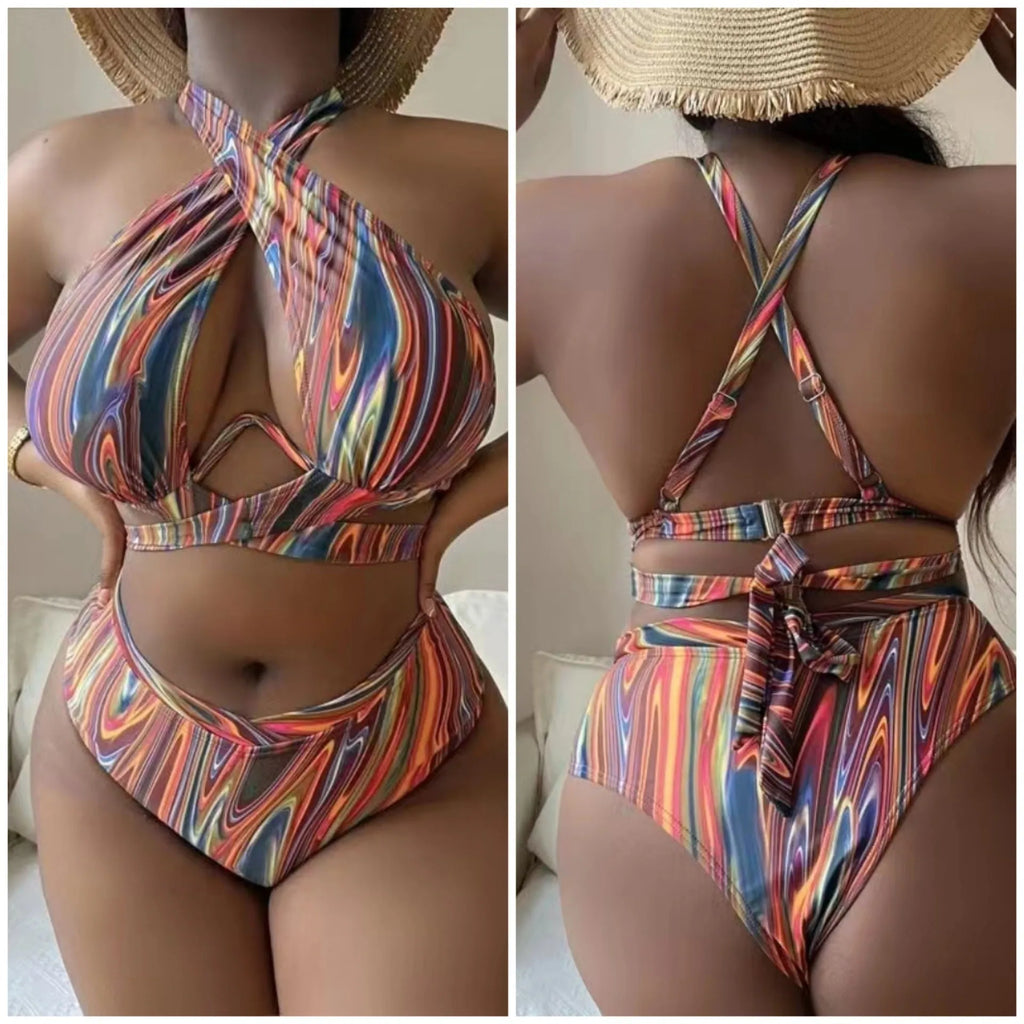 Women's high waist floral print bikini swimsuit in plus sizes for swimming