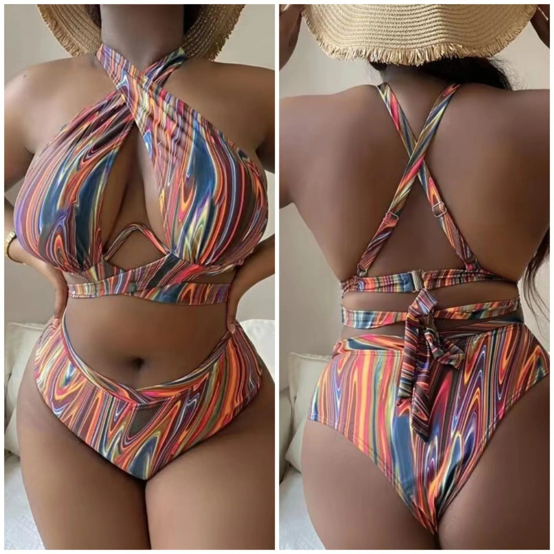 Women's high waist floral print bikini swimsuit in plus sizes for swimming