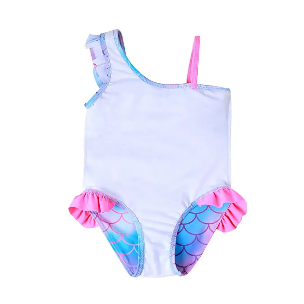 Girls' one-piece swimsuit with blue gradient fish scale print and flounced design.
