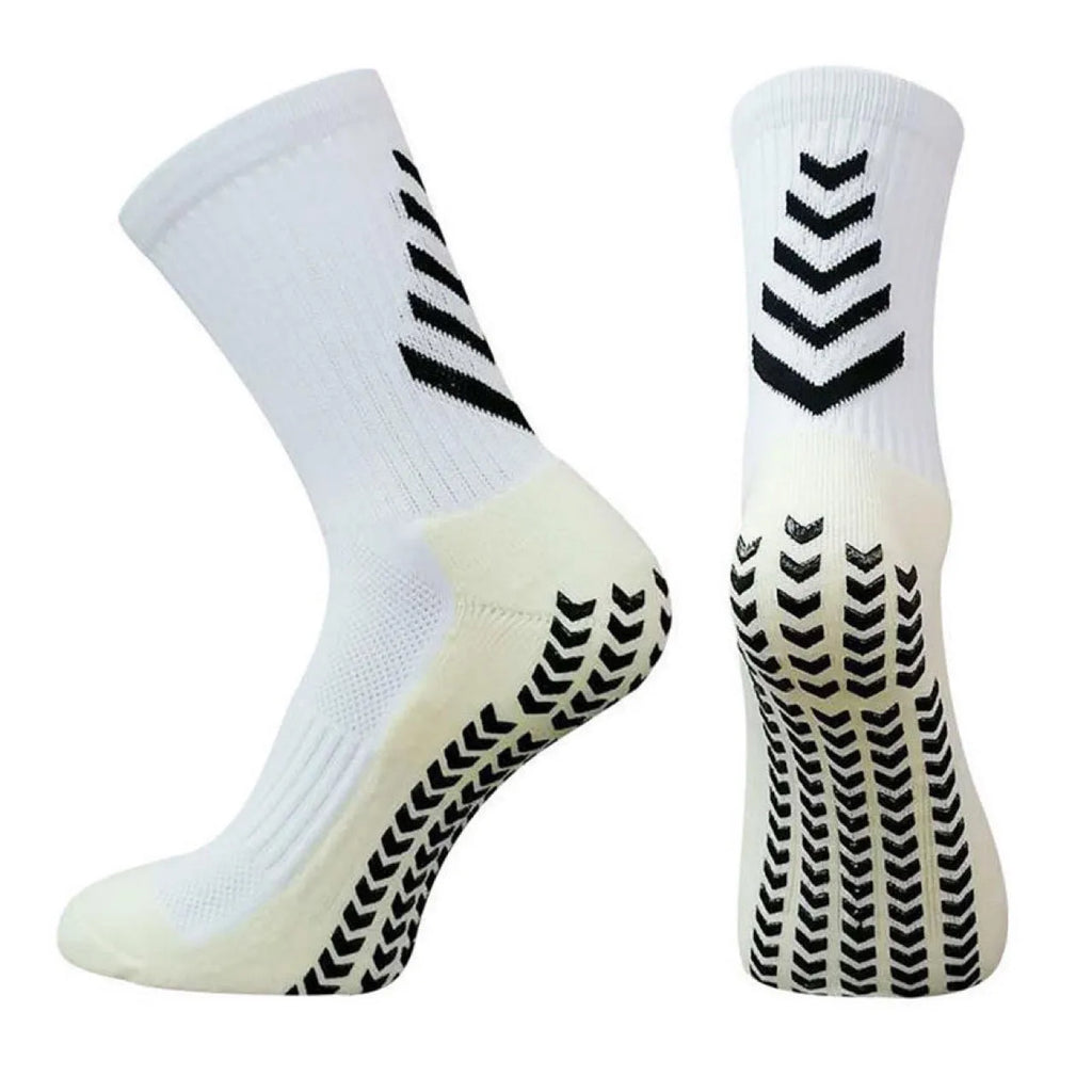 Men's colourful mid-calf athletic socks with a geometric pattern and non-slip silicone soles.