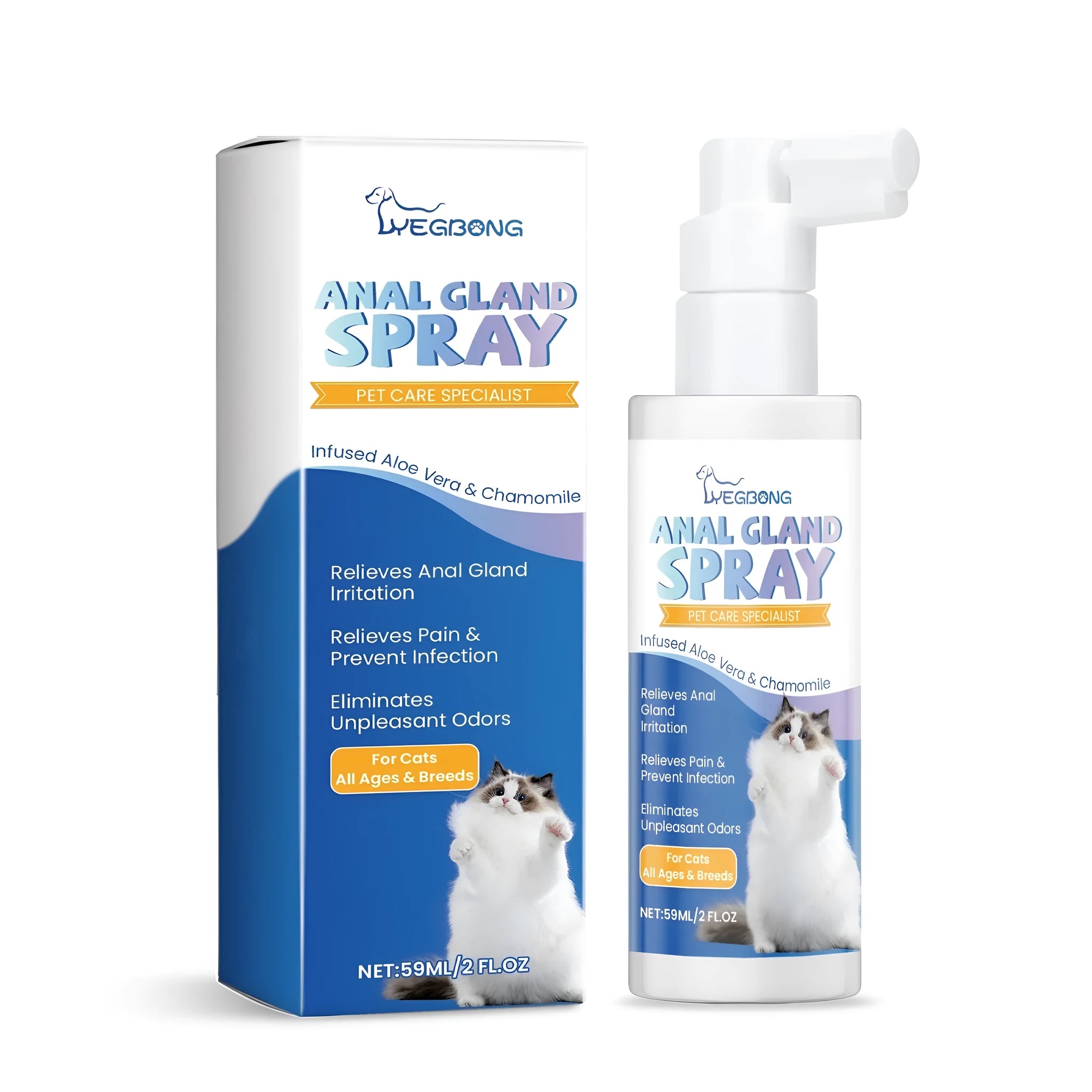 59ml cat odour relief spray bottle with 3.8cm diameter and spray applicator for pet smell elimination.