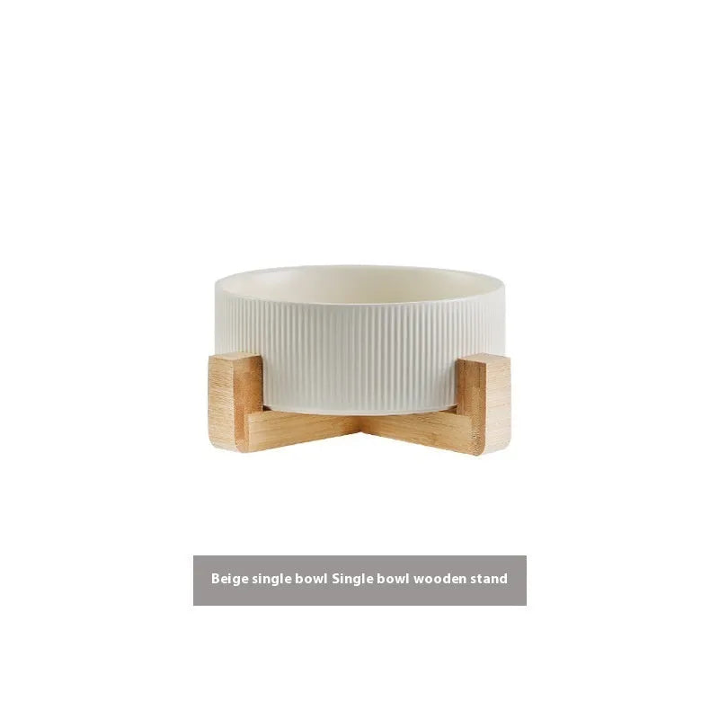 Cat ceramic bowl with wooden frame in straight matte finish, anti-tumble design