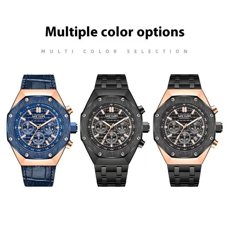 Men's waterproof quartz watch with 13mm thickness showing blue strap and steel strap options