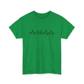Green cotton short-sleeve t-shirt with an all-over white letter print, laid flat