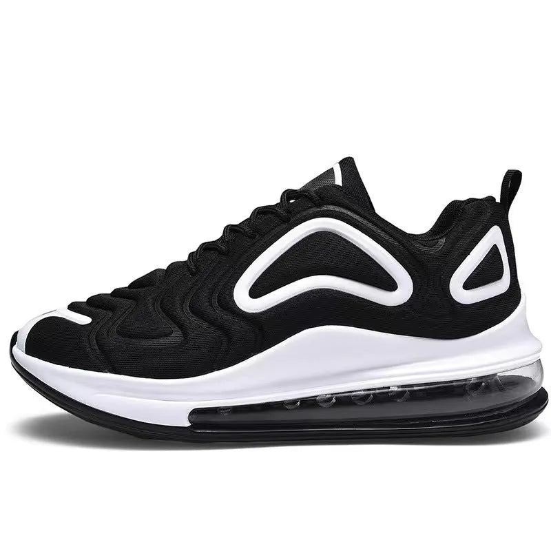 Men's black casual sneakers with lace-up front and air cushion design for running and outdoor activities