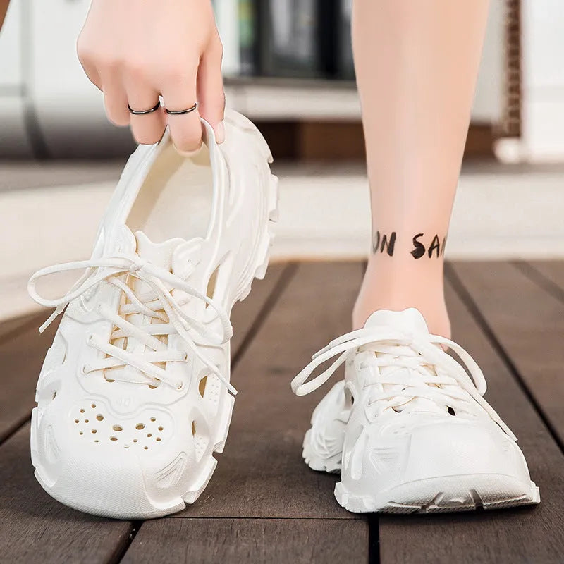 Men's black lace-up sports sandals with EVA sole and round toe on a neutral background.