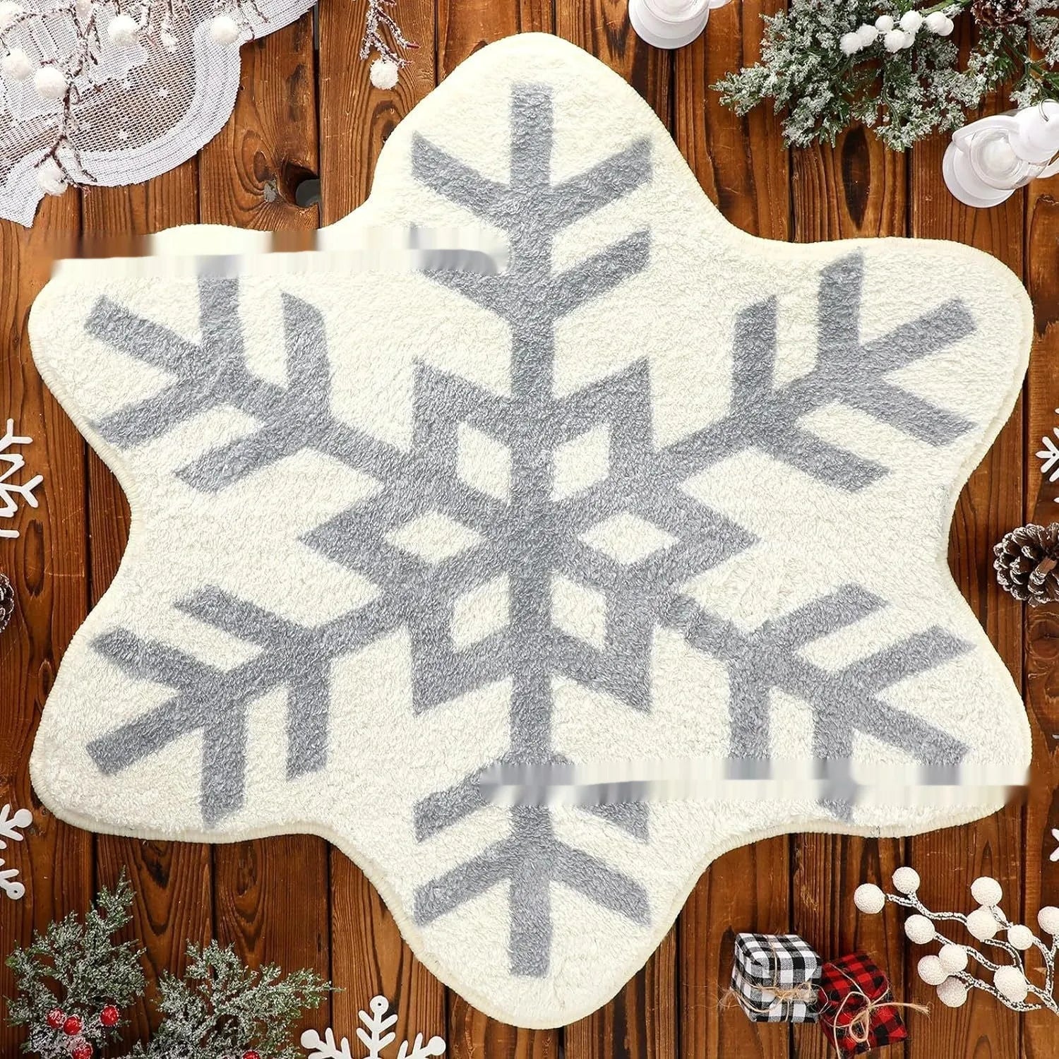 Christmas printed polyester carpet with festive design in square shape on wooden floor