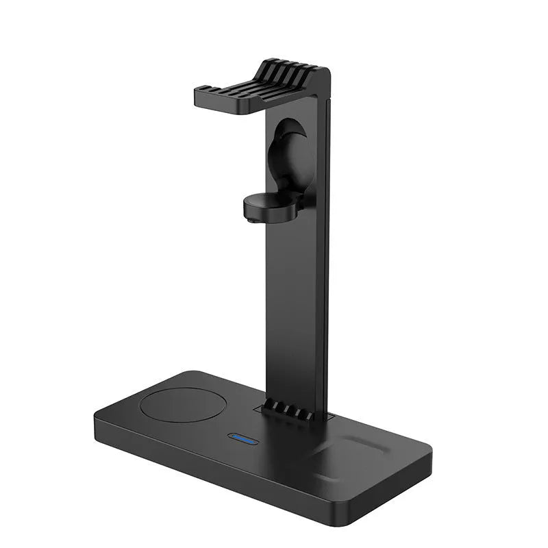 Black wireless charging station for phone, watch and headphones with indicator lights