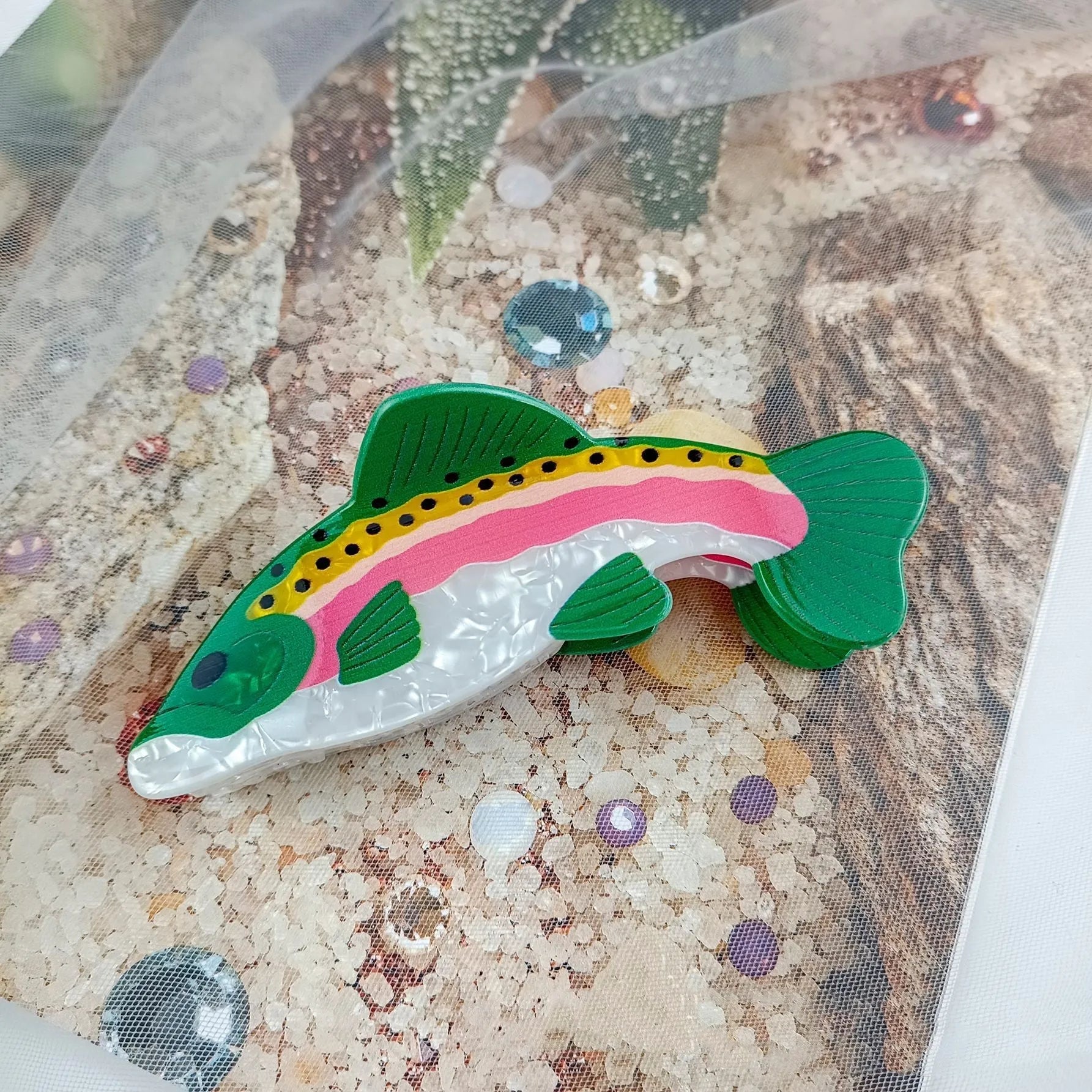 Dark green hair clip with detailed rainbow trout print on PVC material for marine enthusiasts