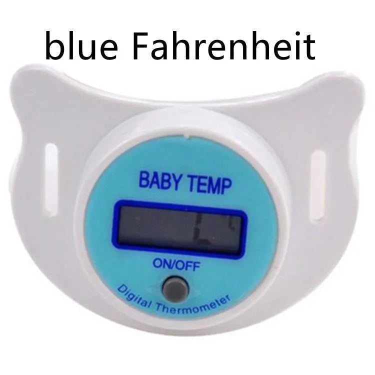 Blue and pink digital baby pacifier thermometers showing LCD temperature display
