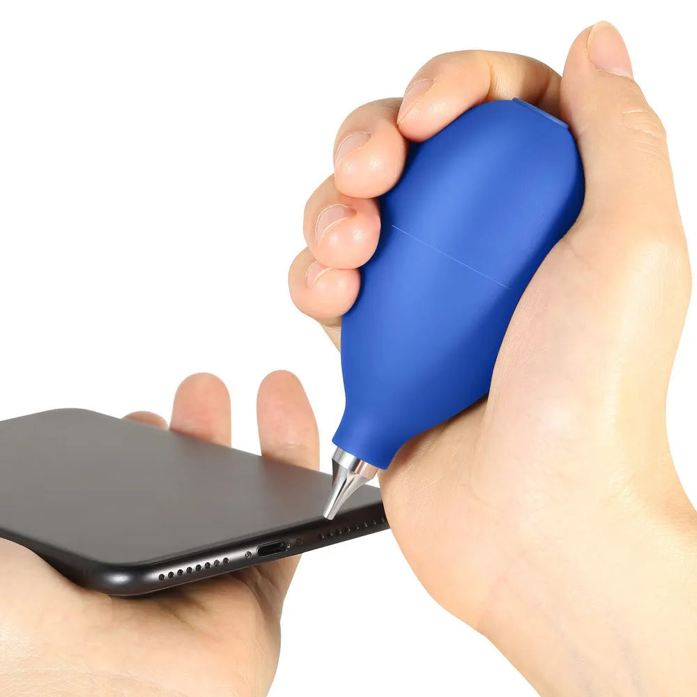 Blue handheld rubber air blower dust removal tool for cleaning camera lenses and phone screens.