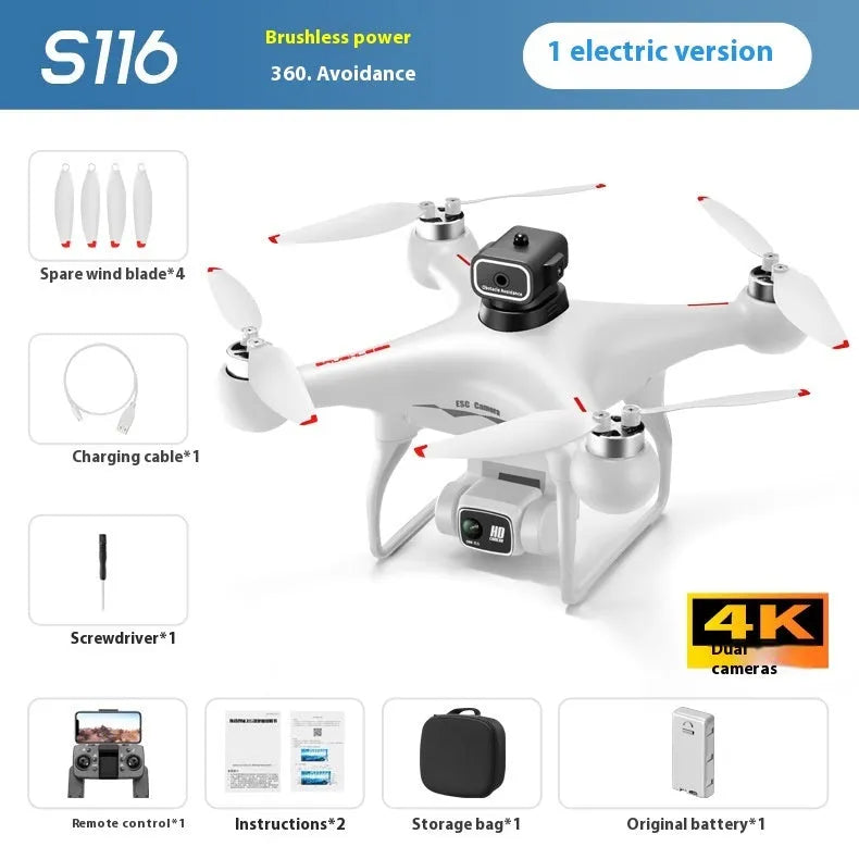 Black or white plastic brushless UAV drone with four-side obstacle avoidance and a camera, under 30cm in size.