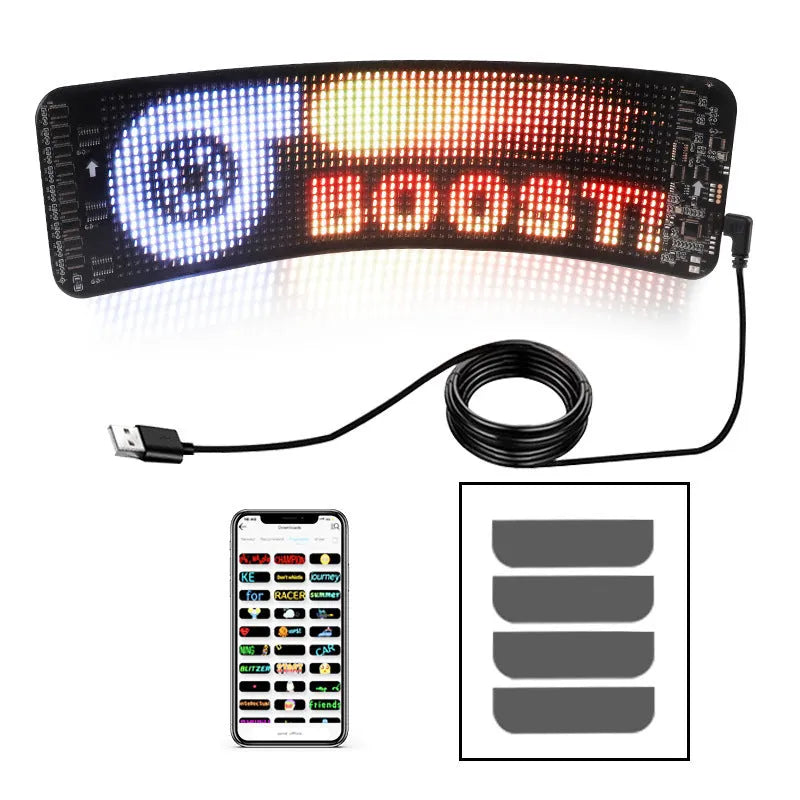 Black flexible Bluetooth LED screen for car rear windshield measuring 49.2 × 110cm