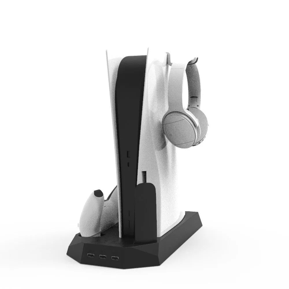 PS5 charging base radiator with storage compartments for controller, remote, and headset