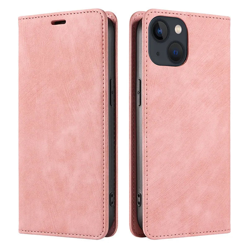 Magnetic flip phone case in synthetic leather showing closed front cover and open view revealing card slot for iPhone.