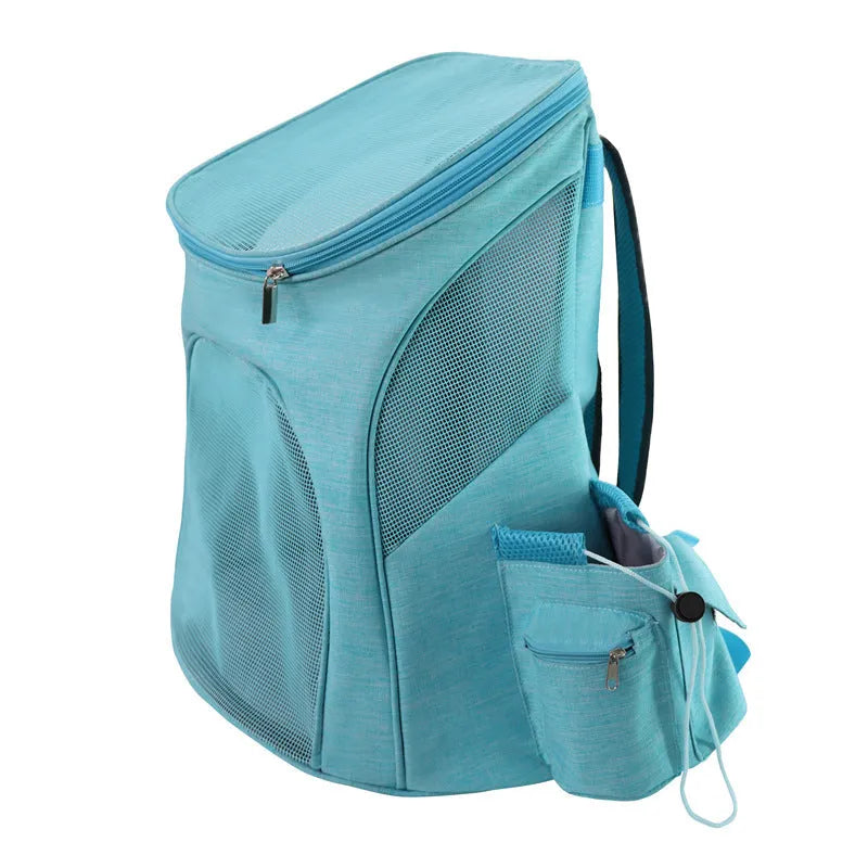 Blue foldable nylon pet backpack for cats and small dogs, size L, sitting on a flat surface