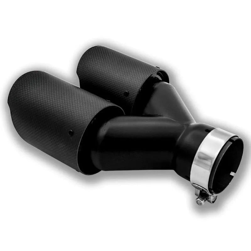 Black carbon fibre car exhaust pipe with dual outlet tail nozzle for vehicle modifications