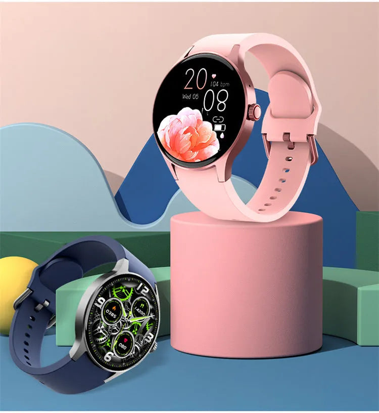 Black Bluetooth sport watch with 1.43-inch round screen on a wrist, showing a fitness app display.