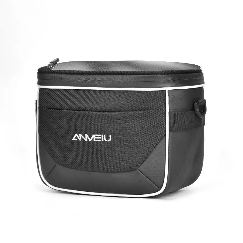 Black folding bicycle handlebar bag with hanging loop, shown attached to bike bars.