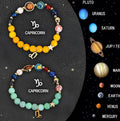 Set of two adjustable natural stone beaded bracelets showing zodiac sign designs.