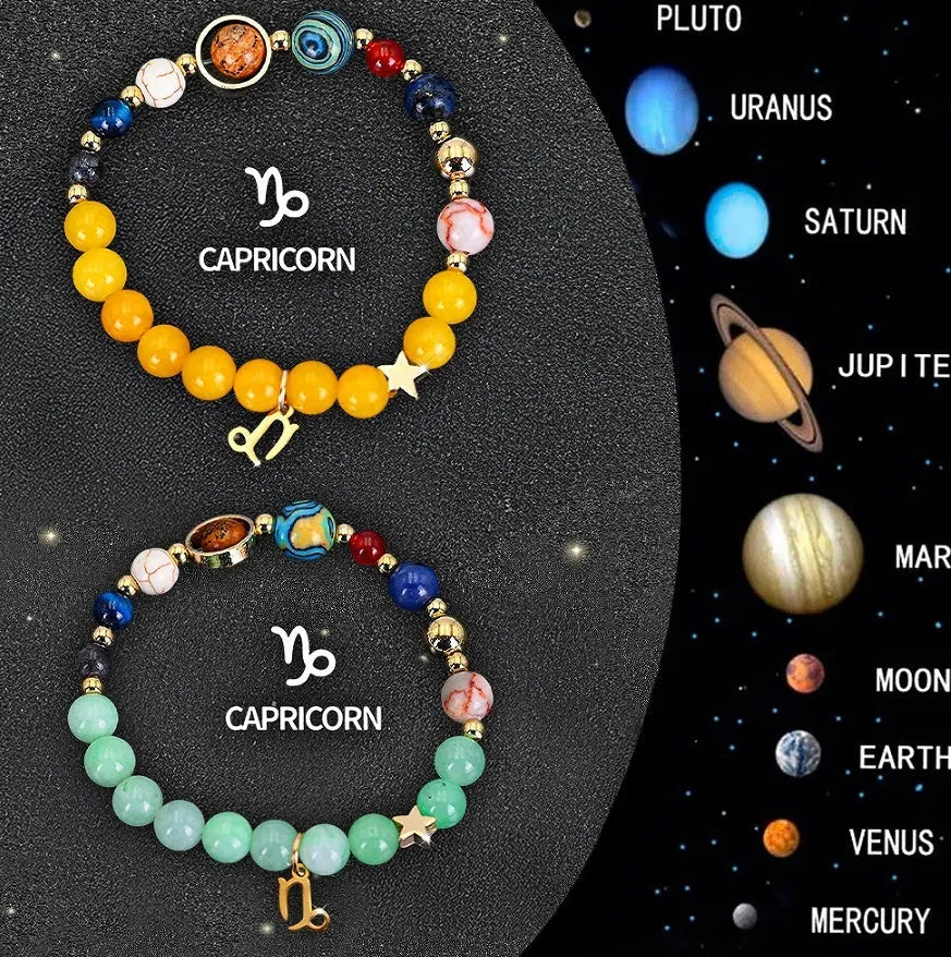 Set of two adjustable natural stone beaded bracelets showing zodiac sign designs.