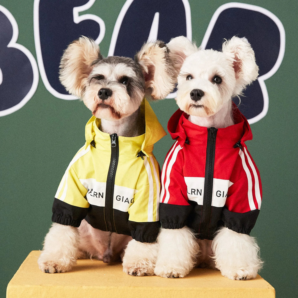 Dog waterproof raincoat jacket in polyester fabric, available in red colour