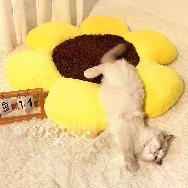 85cm round flower pattern cat nest with plush fabric and sponge-filled walls in blue colour