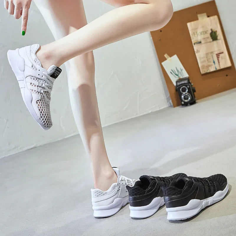 Casual mesh sneakers with hollow out design in black net, white net, hollow white, or pierced black colour options