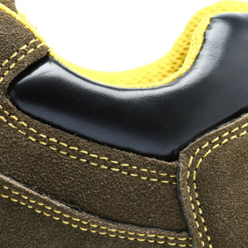 Bronze cow suede steel toe safety shoes showing low-cut design and non-slip sole pattern