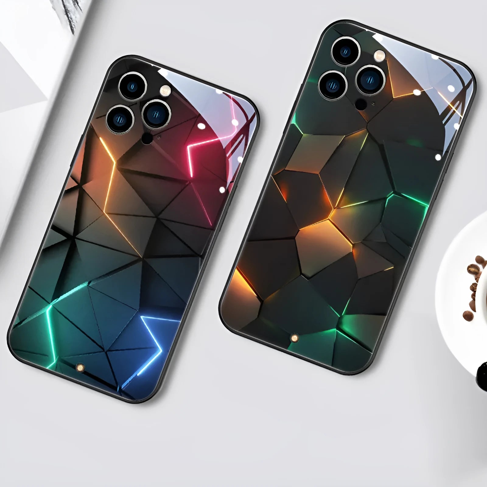 Xpress 14 iPhone case with illuminated lightning diamond pattern on tempered glass back
