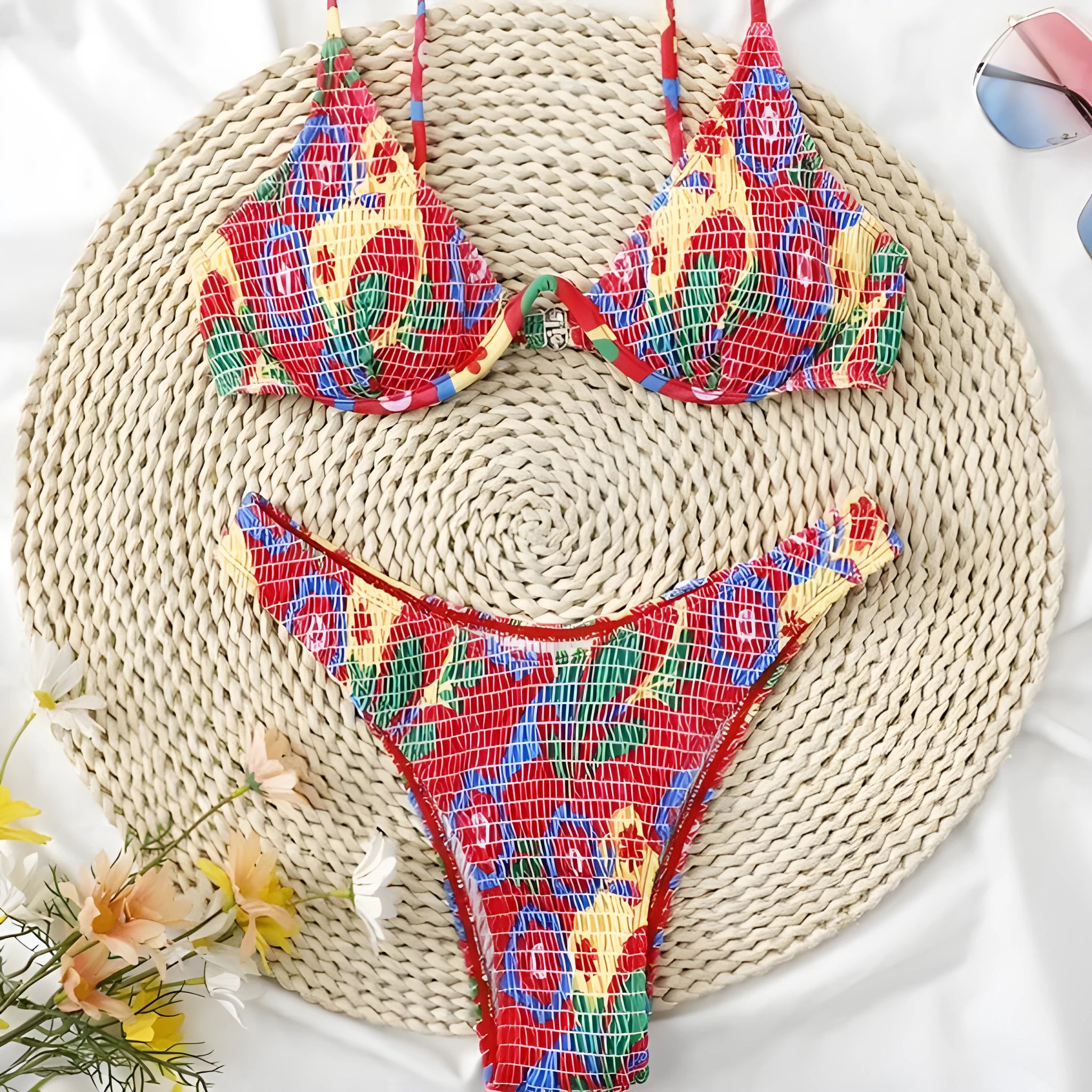 Red floral patterned women's underwire triangle bikini top and briefs on a mannequin.