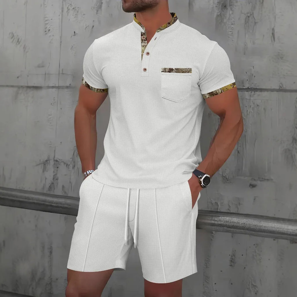 Man wearing a grey waffle-texture zip-up polo top and matching shorts, a summer two-piece suit set.