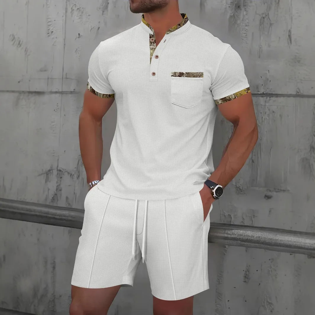 Man wearing a grey waffle-texture zip-up polo top and matching shorts, a summer two-piece suit set.