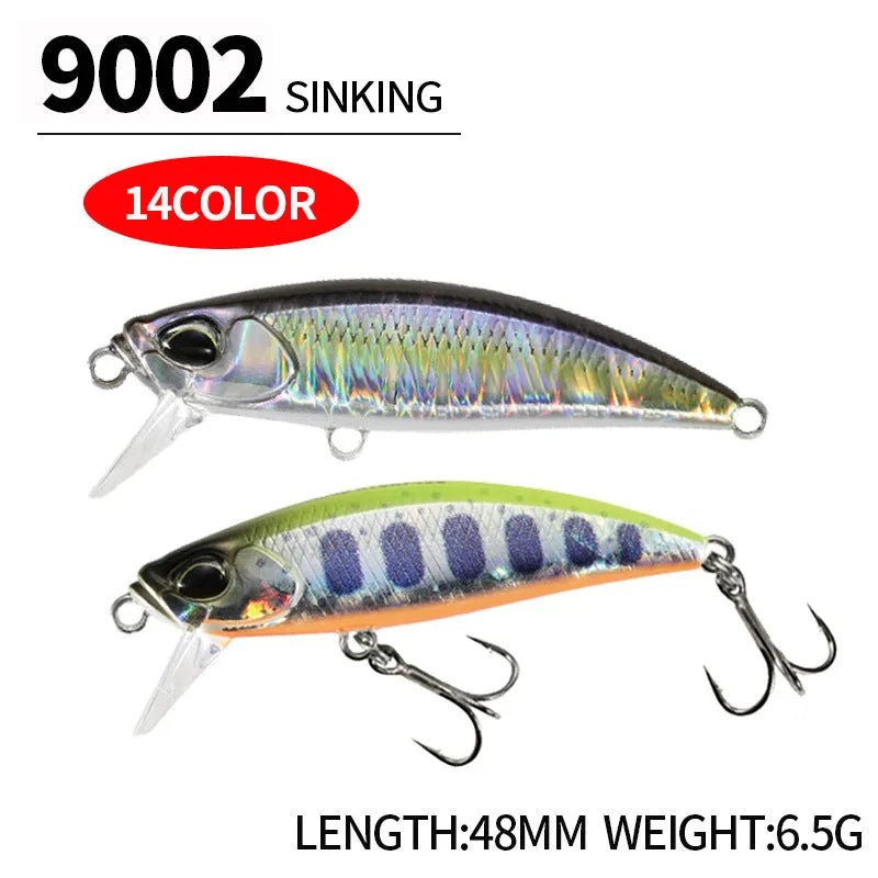 Tossing Japanese 48mm submerged minnow fishing lure in assorted colours for mandarin fish and snakehead.